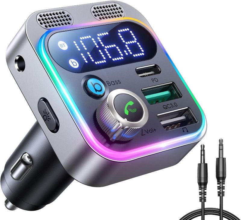 Photo 1 of 2022 Bluetooth 5.3 FM Transmitter for Car, JOYROOM [Stronger Dual Mics & HiFi Deep Bass Sound] , 48W PD&QC3.0 Bluetooth Car Adapter, Hands-Free Calling, Larger LED, AUX Output & U Disk
