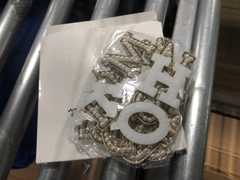 Photo 1 of 26 Piece Rhinestone Iron On Patch A-Z White Pearl Bling Rhinestone Letter Patch Glitter Alphabet Applique Rhinestone Pearl English Letter for DIY Craft Supplies (Gold)