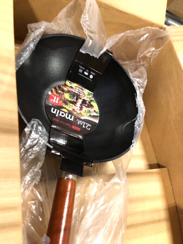 Photo 2 of 21st & Main Wok, Stir Fry Pan, Wooden Handle, 11 Inch, Lightweight Cast Iron, chef’s pan, pre-seasoned nonstick, for Chinese Japanese and other cooking