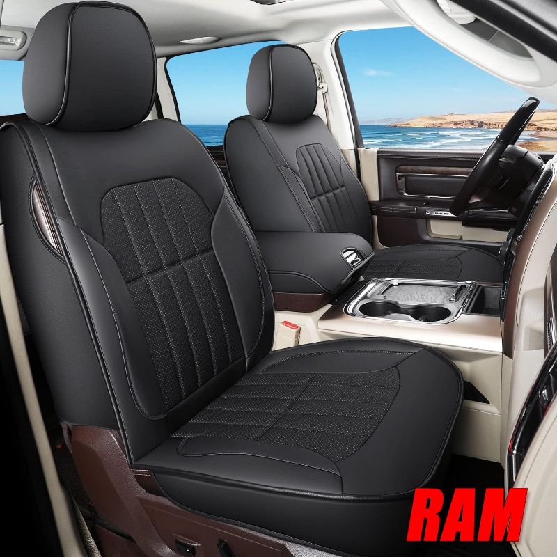 Photo 1 of Truckiipa Dodge Ram 1500 Seat Covers, Leather Car Seats Protector Pickup Accessories for 2002-2022 Ram 1500 2500 3500 Crew Mega Cab Laramie Big Long Horn Rebel Tradesman(Full Set/Black) Flat Front+Splitable Concave Rear Black