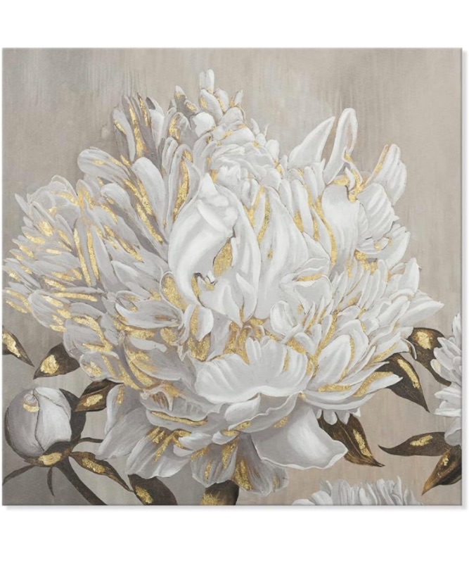 Photo 1 of Goldfoilart Floral Wall Art White Blooming Flower Canvas Pictures Modern Paintings with Gold Foil Framed Artwork for Bathroom Living Room Bedroom Kitchen Office Home Decor 24" x 24"