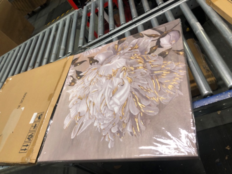 Photo 1 of Goldfoilart Floral Wall Art White Blooming Flower Canvas Pictures Modern Paintings with Gold Foil Framed Artwork for Bathroom Living Room Bedroom Kitchen Office Home Decor 24" x 24"