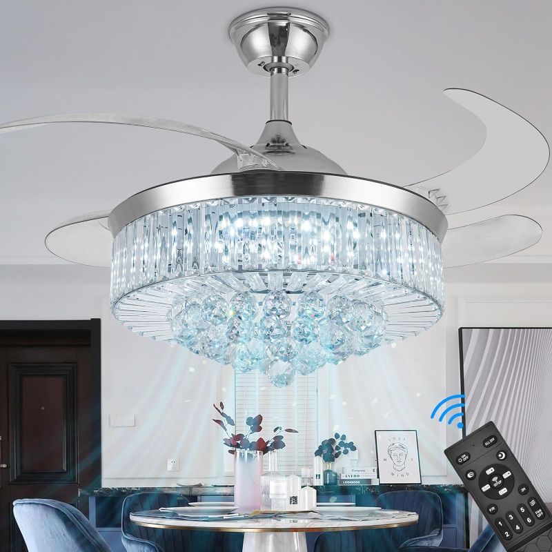 Photo 1 of 36" Invisible Ceiling Fan Chandelier Light,Modern Crystal Ceiling Fan Light Remote Control 4 Retractable ABS Blades for Bedroom Living Room Dining Room Decoration