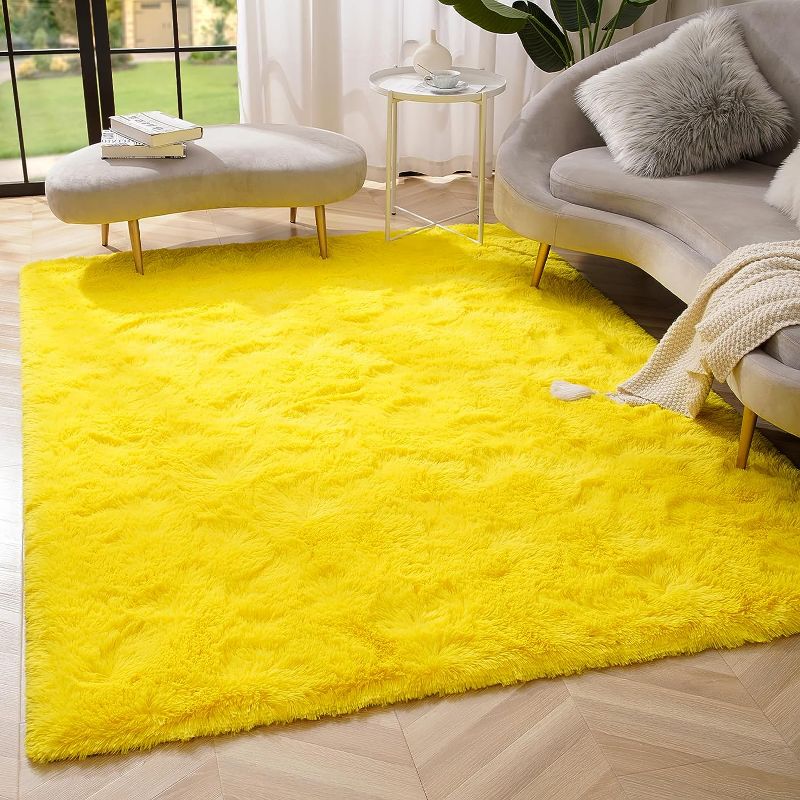 Photo 1 of Yellow 4x5.3 and 5.3x7.5 Feet Rug, Premium Soft Fluffy Rug Modern Shag Carpet, High Pile, Solid Color Plush Rugs for Bedroom Dorm Room Teen Apartment Decor, Comfortable Indoor Furry Carpets