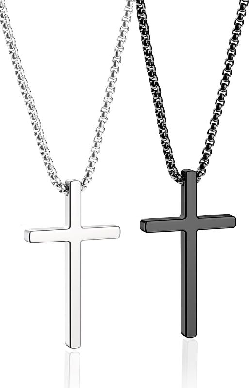 Photo 1 of Romass 2 Pcs Cross Necklace for Men,Stainless Steel Pendant Silver Black Crosses Chain Jewelry Gifts Box for Boys 16-30 inches
