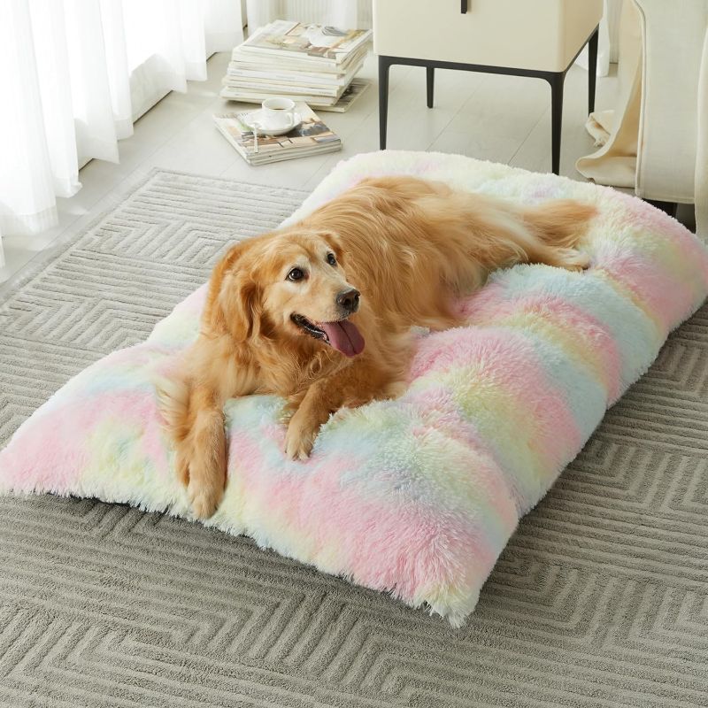 Photo 1 of BFPETHOME Dog Beds for Large Dogs, Plush Dog Crate Bed Fluffy Cozy Kennel Pad for Sleeping &Ease Anxiety, Washable Dog Mats with Anti-Slip Bottom for Large Medium Dogs (36(35 x 23 inch), Rainbow)
