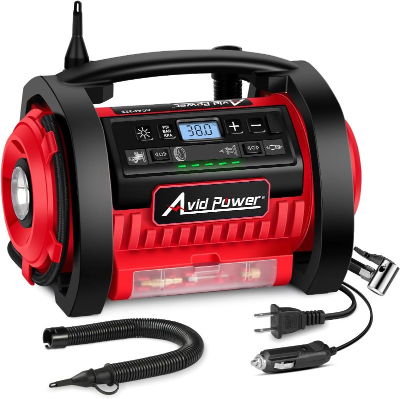 Photo 1 of AVID POWER Tire Inflator Portable Air Compressor, 12V DC / 120V AC Car Tire Pump, Air Mattress Pump with Inflation and Deflation Modes, Dual Powerful Motors, Digital Pressure Gauge
