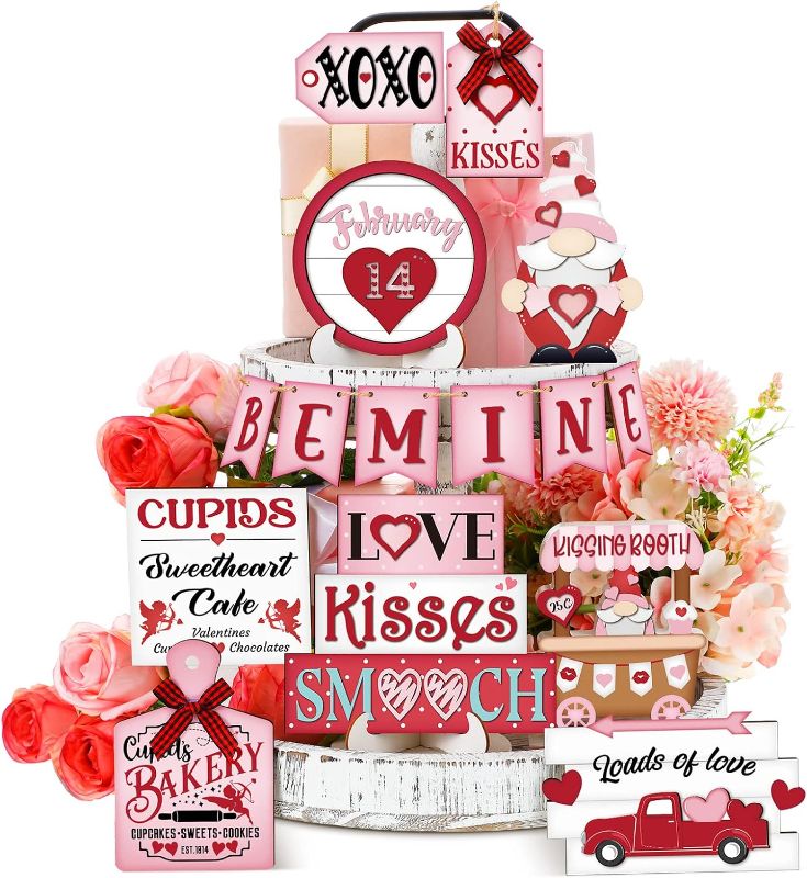 Photo 1 of 15 Pcs Valentine's Day Tiered Tray Decor Set Be Mine/Bee Wooden Sign Table Decorations Heart Bee Farmhouse Wood Tabletop Signs with LED String Light for Valentine Day Gift (Heart)