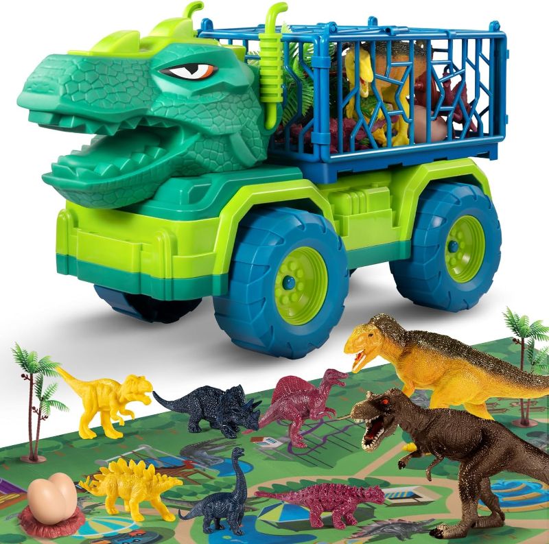Photo 1 of  TEMI Dinosaur Truck Toys for Kids 3-5 Years, Tyrannosaurus Transport Car Carrier Truck with 8 Dino Figures, Activity Play Mat, Dinosaur Eggs, Trees, Capture Jurassic Play Set for Boys and Girls
