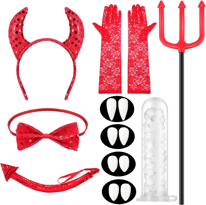 Photo 1 of 10 Pieces Halloween Devil Costume Set Includes Devil Horns Bow Tie Devils Demon Prop Fork Tail Vampire Fake Teeth Lace Gloves Red Sequin Costume Accessories for Devil Cosplay Costume Party