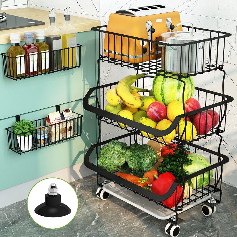 Photo 1 of **New Open**1Easylife Fruit Vegetable Basket, 3 Tier Stackable Metal Wire Basket Cart with Rolling Wheels, Utility Rack for Kitchen, Pantry, Garage, with 2 Free Baskets (3 Tier)