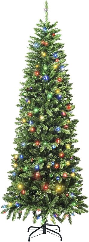 Photo 1 of **New Open**Artificial Prelit Pencil Christmas Tree with Stand,Multicolor Lights,Decorated for Home Holiday Party,6.5ft