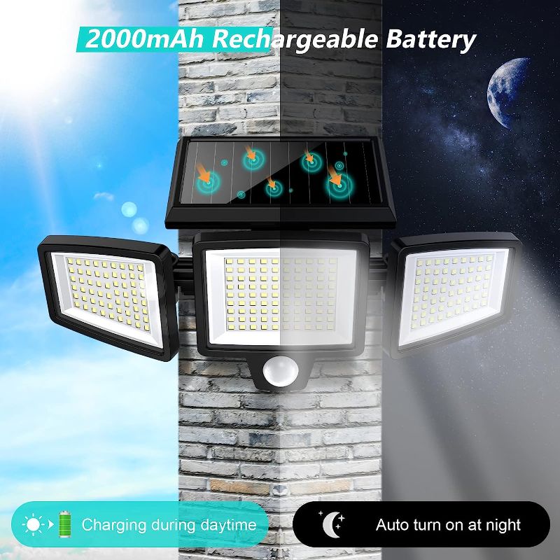 Photo 1 of **USED NOT COMPLETE** Tuffenough Solar Outdoor Lights 2500LM 210 LED Security Lights with Remote Control,3 Heads Motion Sensor Lights, IP65 Waterproof,270° Wide Angle Flood Wall Lights with 3 Modes(2 Packs)