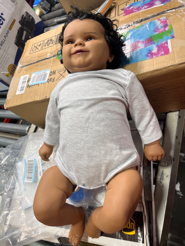 Photo 3 of TERABITHIA 24 Inch 3-6 Month Real Baby Size Hand Rooted Hair Sweet Smile African American Realistic Newborn Baby Dolls Dark Brown Skin Lifelike Reborn Toddler Girl Doll That Look Real and Feel Real Gray