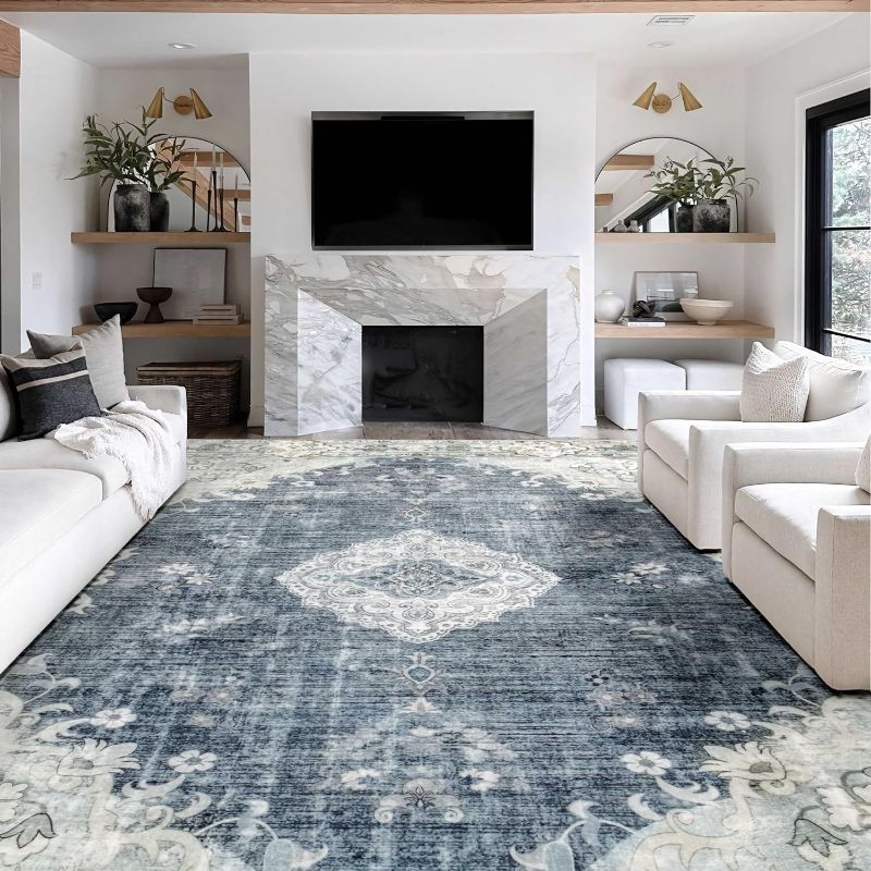 Photo 1 of MUJOO Blue Grey Rug 8x10 Area Rugs for Living Room Dining Room Washable Rugs Large Rug Boho Rug for Bedroom Non Slip Abstract Soft Low-Pile Floral Flowers
