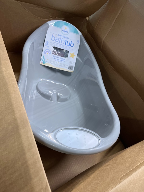 Photo 2 of **missing net**Regalo Baby Basics Infant Bath Tub, Includes Air Mesh Sling, Adjustable As Your Baby Grows, Drying Hook and Drain for Easy Clean Gray Bath Tub