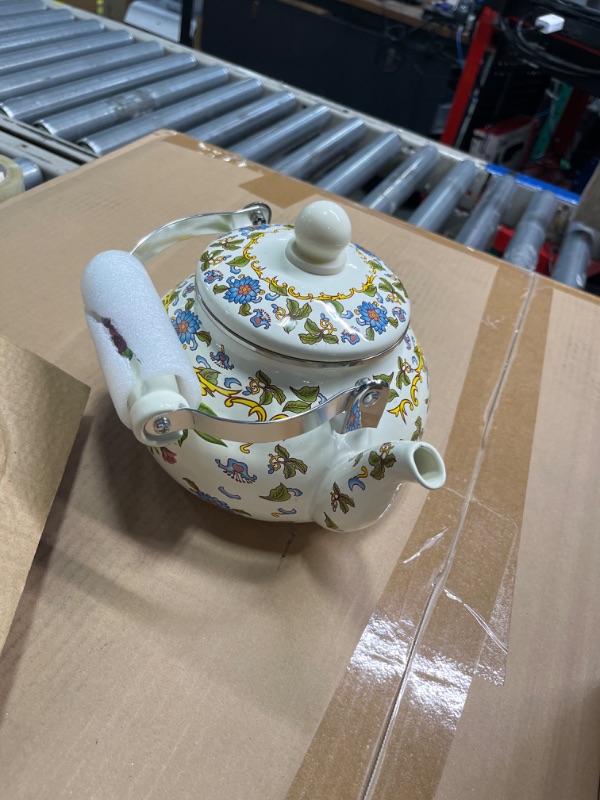 Photo 3 of *** ONE BURNED MARK ON BOTTOM ** Fasmov 2.5L Enamel Teapot, Large Porcelain Enameled Teakettle, Floral Colorful Tea Kettle with Handle for Stovetop, Retro Steel Teapot for Hot Water, No Whistling