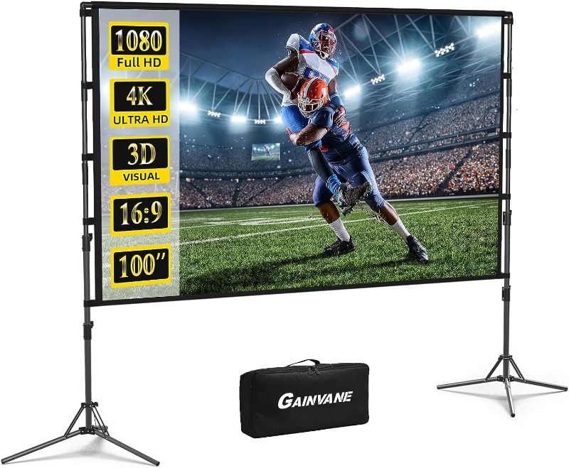 Photo 1 of Projection Screen with Stand,100 inch Portable Movie Screen 16:9 HD 4K Double Sided Projection Screen with Carry Bag Indoor Outdoor Video Screen for Home Theater
