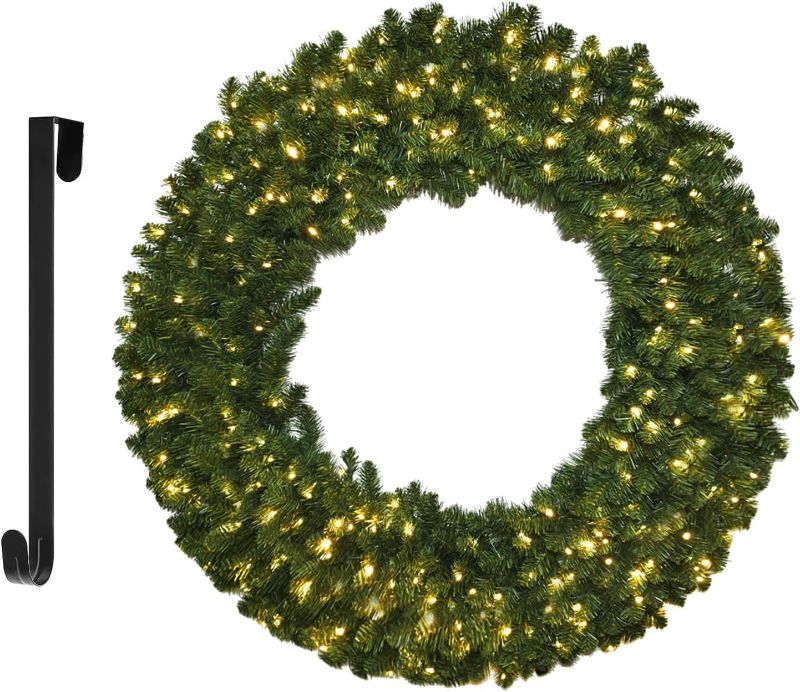 Photo 1 of 48 Inch 4 FT Large Christmas Wreath - Pre-lit Plug-in Outdoor Christmas Wreaths with 210 LED Lights, Hanger, Xmas Decorations for Door Outdoor Indoor Wall Home
