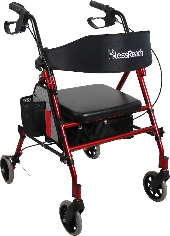 Photo 1 of  *Similar Item* Rollator Walker with Seat, Steel Rolling Walker with 6-inch Wheels Supports up to 350 lbs, Medical Walker, Red
