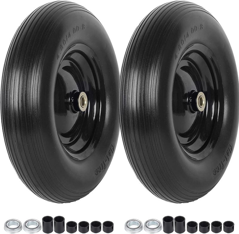 Photo 1 of (2-PACK) 4.80/4.00-8" Tire and Wheel - Universal Fit 16" Flat Free Solid Wheelbarrow Tires with 3" Hub and 5/8" Bearings – Extra Adapter kit includes 3/4" Ball Bearings, 1" and 1/2" Nylon Spacers
