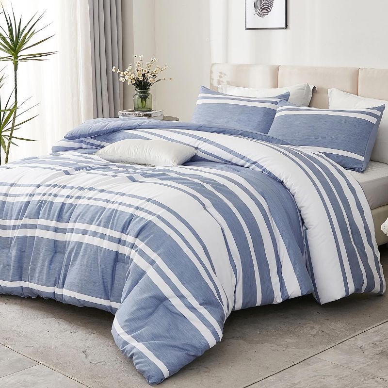 Photo 1 of Andency Queen Comforter Set Blue White, 3 Pieces Striped Summer Bedding Sets, Reversible Soft Lightweight All Season Fluffy Down Alternative Bed Set (90x90In Comforter &2 Pillowcases)
