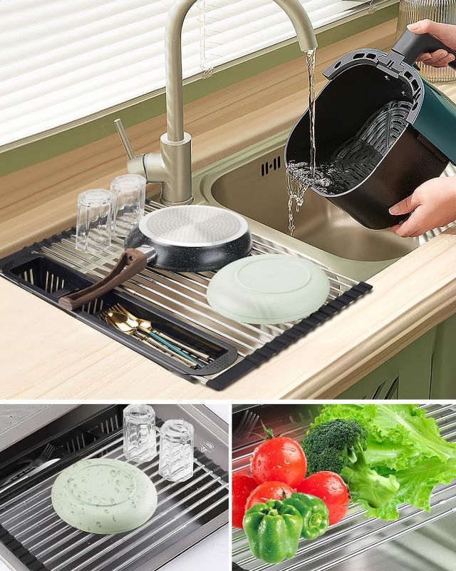 Photo 1 of **Gently Used**Roll Up Dish Drying Rack,Expandable Over The Sink Dish Drainer,Stainless Steel Kitchen Rolling Sink Rack with Utensil Holder,Length Up to 22.3" (Black)