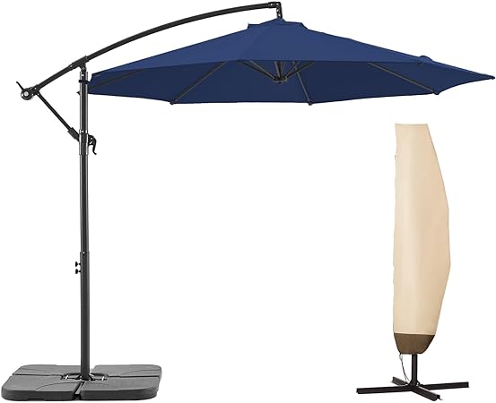 Photo 1 of ****New Open/Missing parts****BLUU 10 FT Patio Offset Umbrella Outdoor Cantilever Umbrella Hanging Umbrellas, Fade Resistant Crank & Cross Base (Navy Blue, 10 FT WIT