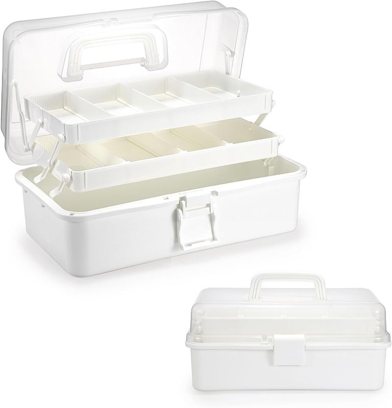 Photo 1 of **Good Used**3-Layer Plastic Dividing Storage Box Craft Organizer and Storage with Adjustable Spacers Portable Handled Art Supply Organizer Multipurpose Home Utility Box for Medicine Box Sewing Box Organizer