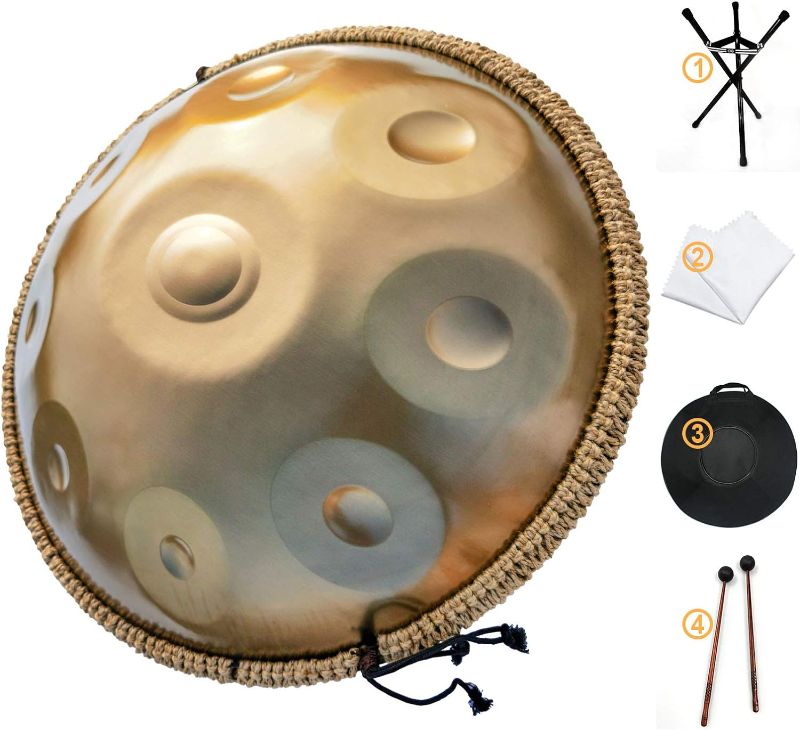 Photo 1 of **Missing 1 piece**AS TEMAN HANDPAN, Handpan drum instrument in D Minor 9 Notes 22 inches Steel Hand Drum with Soft Hand Pan Bag, 2 handpan mallet,Handpan Stand,dust-free cloth,gold …