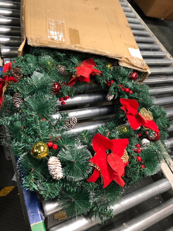 Photo 3 of 30 Inch Super Large Snowy Prelit Christmas Wreath for Front Door Timer 80 Warm Lights Dual Frame 4 Poinsettia 8 Balls 220 Branch 12 Pinecone 60 Red Berries Battery Operated Christmas Decoration Home