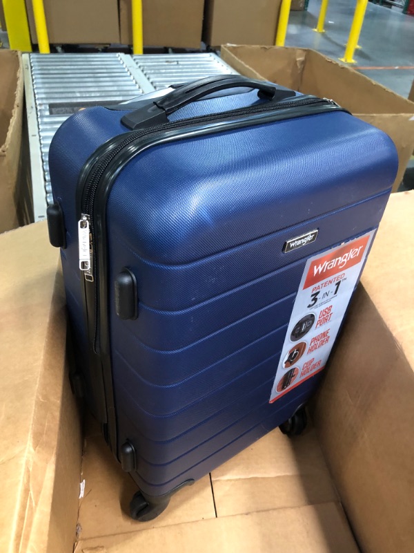 Photo 3 of ** DAMAGED ON SIDE ** Wrangler Smart Luggage Set with Cup Holder and USB Port, Navy Blue, 20-Inch Carry-On 20-Inch Carry-On Navy Blue