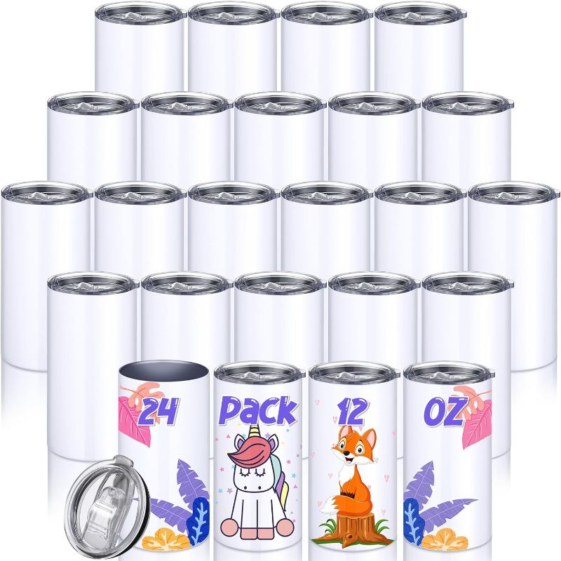 Photo 1 of 24 Pack 12 oz Sublimation Blanks Tumbler Bulk Stainless Steel Straight Skinny Slim Tumblers with Lids Double Wall Vacuum Insulated Travel Mug Cups Water Tumbler for DIY Gift Coffee Tea Beverages