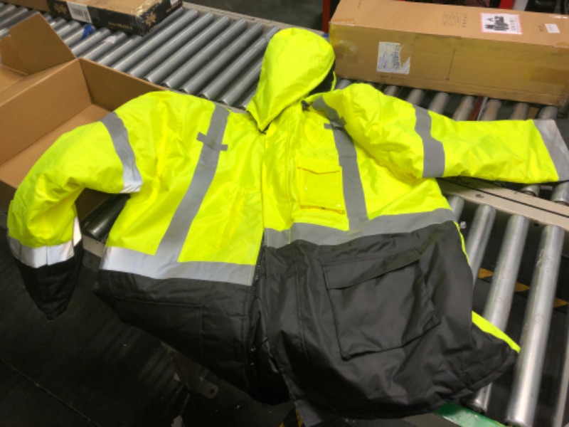 Photo 1 of safety jacket for men, Reflective high Visibility Hooded jacket, Hi-Vis Bomber Jacket with Pockets and Zipper, waterproof, Black Bottom, ANSI/ISEA 107-2020 Type R Class 3 5X-Large 