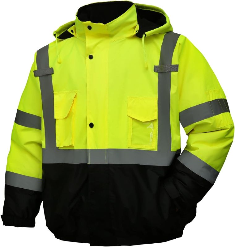 Photo 1 of safety jacket for men, Reflective high Visibility Hooded jacket, Hi-Vis Bomber Jacket with Pockets and Zipper, waterproof, Black Bottom, ANSI/ISEA 107-2020 Type R Class 3 5X-Large 