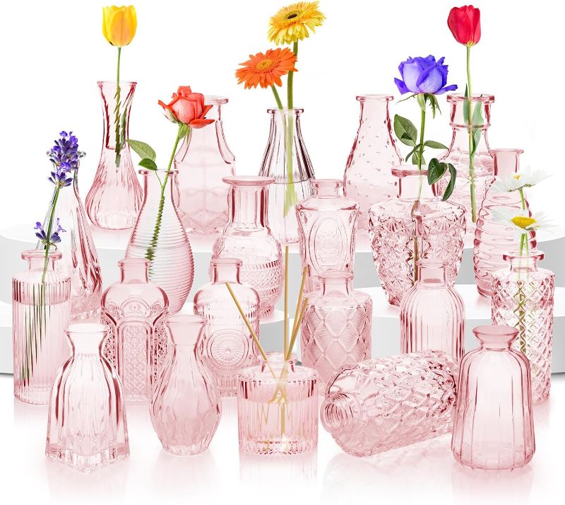 Photo 1 of 22 Pack Flower Vase - BEAHOT Mini Bud Vases in Bulk, Small Vases for Flowers, Glass Vases for Centerpieces, Vintage Vases for Wedding Decor, Cute Crystal Bud Vases for Room Home Office Decor (Pink)
