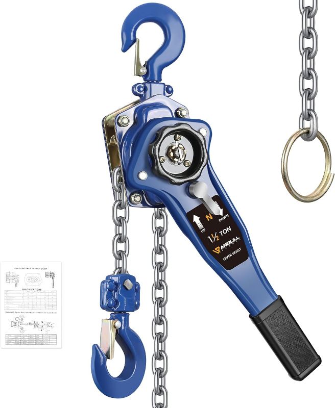 Photo 1 of ANBULL Lever Chain Hoist, 3300LBS 10FT 1.5T 3M Manual Ratchet Chain Puller Hoist w/Portable Hooks for Building Garages Warehouse Automotive Machinery
