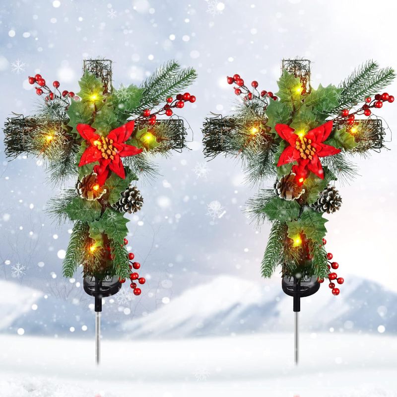Photo 1 of 2 Pack Christmas Decorations Outdoor Solar Cross Stake Lights for Christmas Decor, IP65 Waterproof, Auto On/Off Cross Light Grave Decorations with 10 LEDs & Pinecones for Garden Yard Lawn Cemetery
