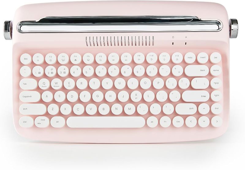 Photo 1 of YUNZII ACTTO B303 Wireless Keyboard, Retro Bluetooth Aesthetic Typewriter Style Keyboard with Integrated Stand for Multi-Device (B303, Baby Pink)
