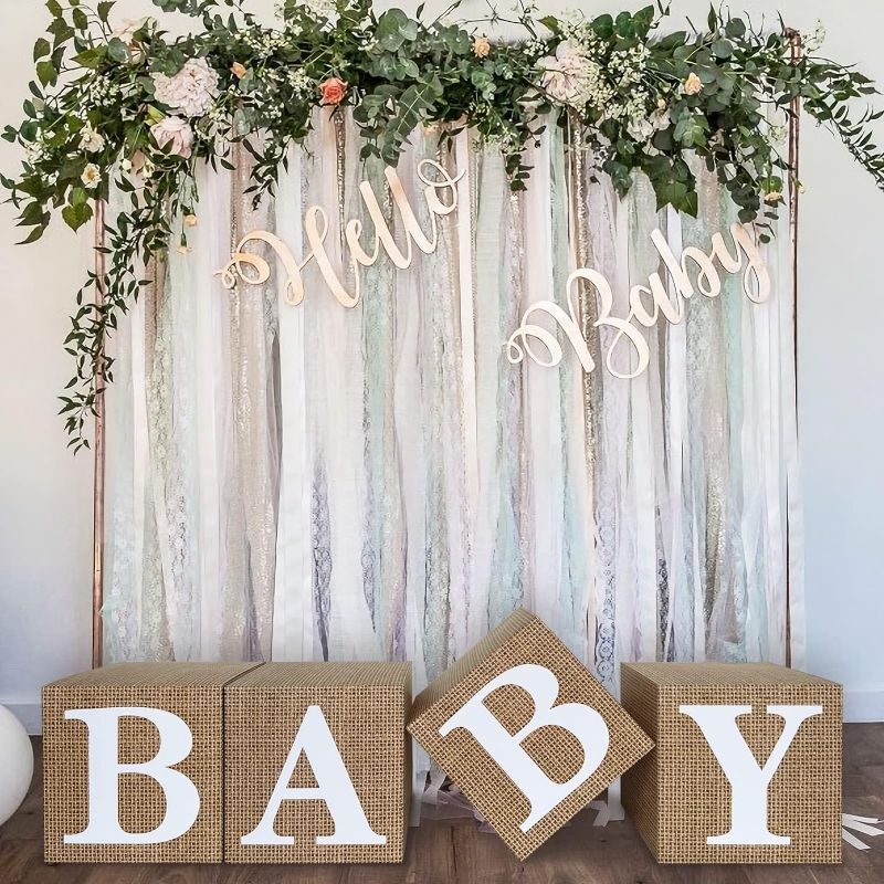 Photo 2 of 
Burlap Print Baby Shower Boxes for Gender Reveal Party Gender Neutral Baby Shower Centerpiece Decor - 4 Pcs Burlap Grain Baby Cubes Baby Blocks with Letters, Rustic Baby Shower Decorations