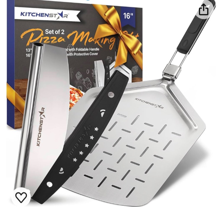 Photo 1 of 16" Pizza Making Kit by kitchenStar (Set of 2) - Pizza Cutter Rocker Knife with Blade Cover (16 inch) + Stainless Steel Pizza Peel with Folding Handle (13 inch) - Ultimate Pizza Oven Accessories