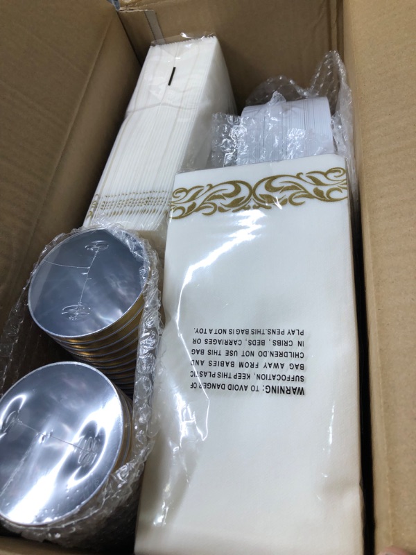 Photo 1 of 350 Piece Gold Dinnerware Set - 50 Guest Gold Rim Plastic Plates - 50 Gold Plastic Silverware - 50 Gold Rim Plastic Cups - 50 Linen Like Gold Paper Napkins, Disposable
