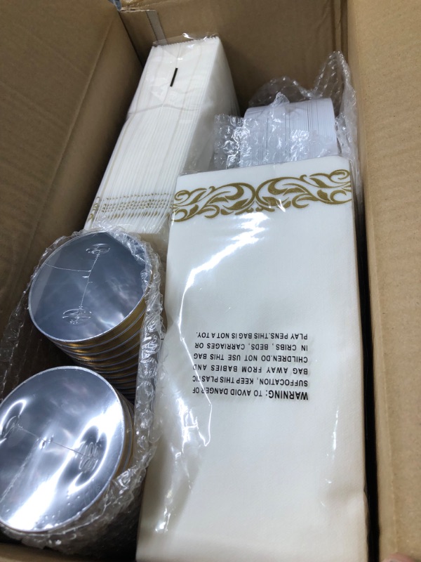 Photo 2 of 350 Piece Gold Dinnerware Set - 50 Guest Gold Rim Plastic Plates - 50 Gold Plastic Silverware - 50 Gold Rim Plastic Cups - 50 Linen Like Gold Paper Napkins, Disposable