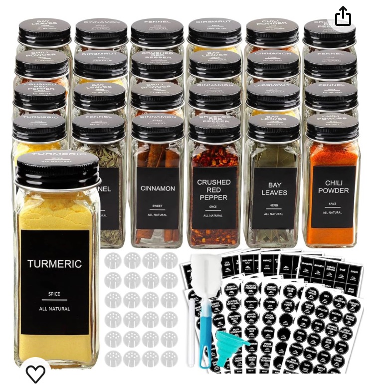 Photo 1 of AISIPRIN 24 Pcs Glass Spice Jars with 398 Labels, 4oz Empty Square Containers Seasoning Bottles - Shaker Lids, Funnel, Brush and Marker Included(Black Metal Caps)