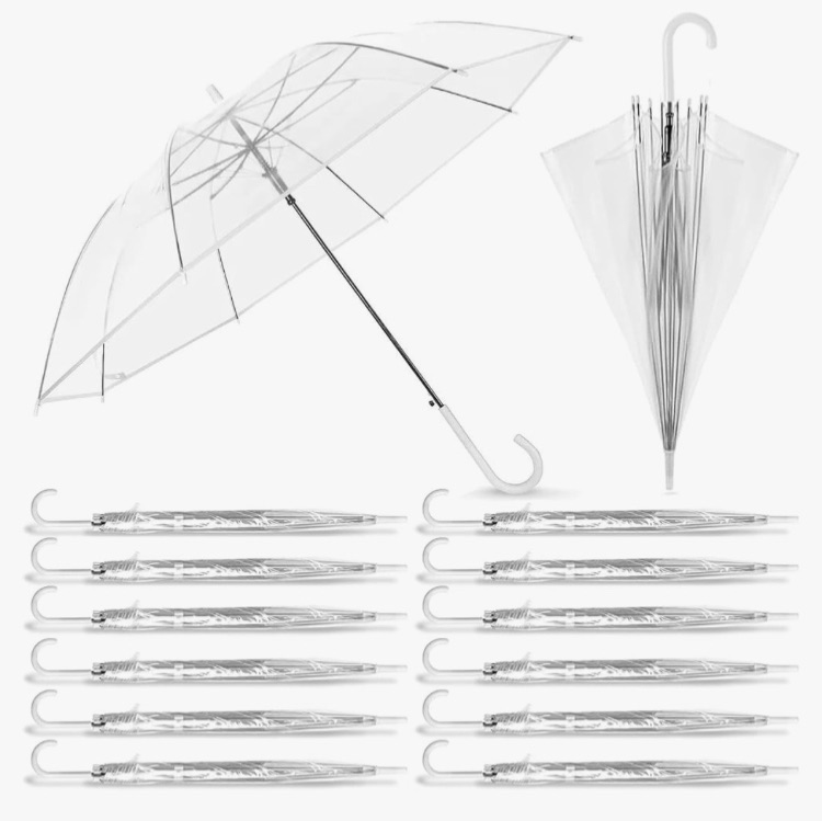 Photo 1 of 15 Pack Clear Wedding Umbrellas Bulk Transparent Auto Open Stick Umbrellas Windproof Waterproof Large Canopy Umbrella with White J Hook Handle for Wedding Bride Groom Photography Golf Outdoor