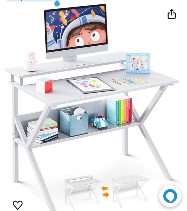 Photo 1 of ODK Small Computer Desk, 27.5 inch Desk for Small Spaces with Storage, Compact Table with Monitor & Storage Shelves for Home Office, Modern Style Laptop Desk, Pure White