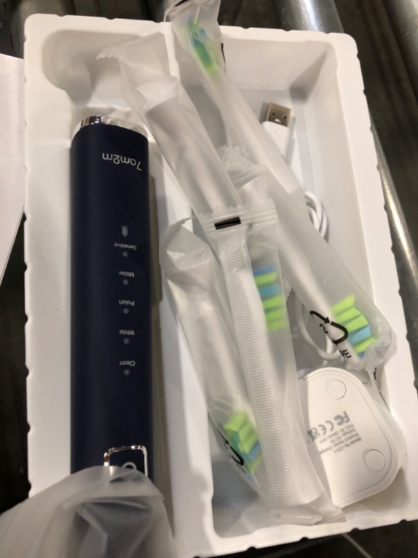 Photo 2 of 7AM2M Sonic Electric Toothbrush with 6 Brush Heads for Adults and Kids, One Charge for 90 Days, Wireless Fast Charge, 5 Modes with 2 Minutes Build in Smart Timer, Electric Toothbrushes(Navy Blue)