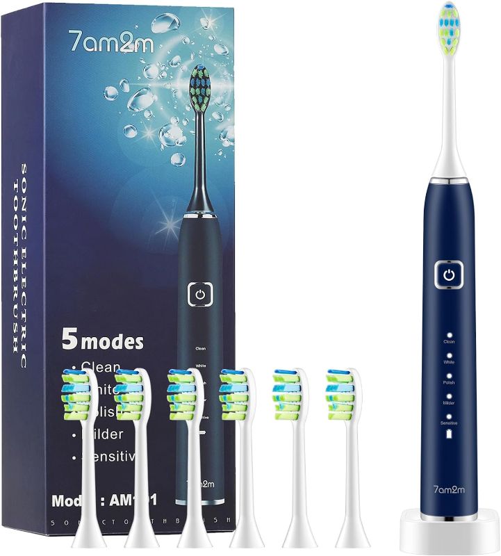 Photo 1 of 7AM2M Sonic Electric Toothbrush with 6 Brush Heads for Adults and Kids, One Charge for 90 Days, Wireless Fast Charge, 5 Modes with 2 Minutes Build in Smart Timer, Electric Toothbrushes(Navy Blue)