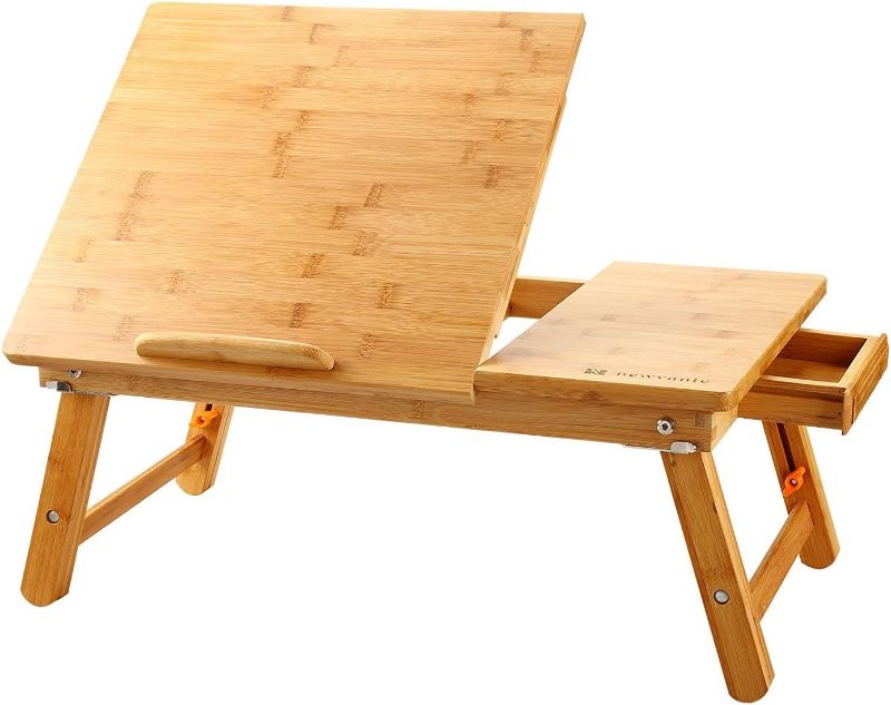 Photo 1 of Laptop Desk Nnewvante Bamboo Bed Tray Adjustable Foldable Desk Bed Serving w' Tilting Drawer Bamboo 23.6"