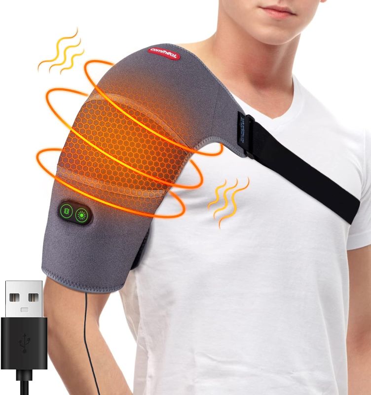 Photo 1 of comfheat USB Heated Shoulder Wrap with Vibration Massage for Car Travel Shoulder Heating Pad Massager for Rotator Cuff Pain Upper Arm Muscle Relief Adjustable Temperature Men Women (Not Chargeable)
